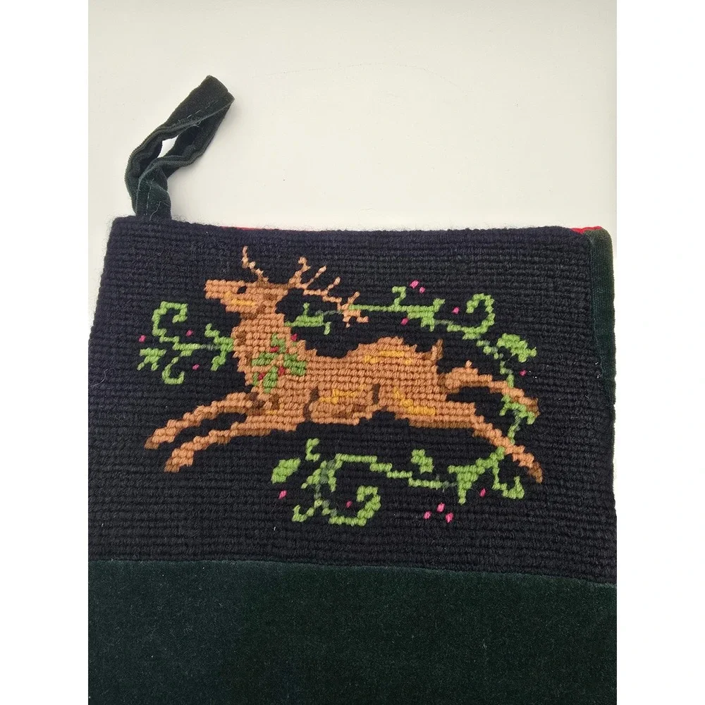 Vtg Midwest of Cannon Falls Christmas Stockings Velvet Reindeer Needlepoint 2 pc